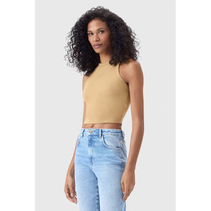Blusa Cropped For de Lis Viscose Elastano Lisa Aplicação Escrita Bordado Bege