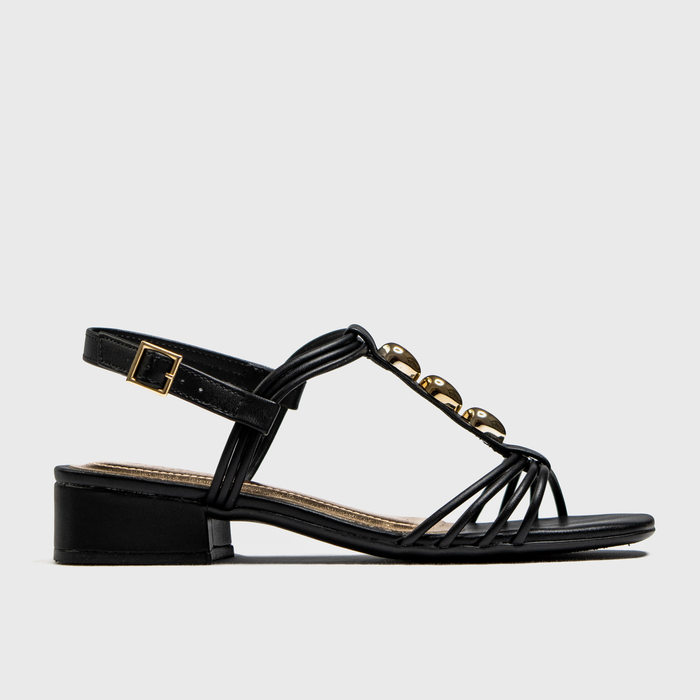 Sandália Ramarim Bico Quadrado Tira Aplicação Metal Fechamento Fivelo Salto Rasteira Preto