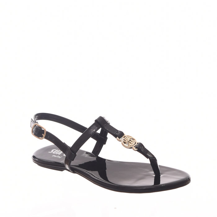 Sandália Rasteira Sua Cia Mini Pingente Logo Verniz Preta