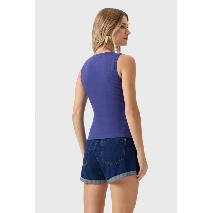 Blusa Regata Flor de Lis Viscose Elastano Malha Básica Lisa Azul