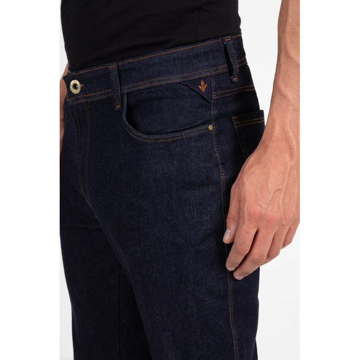 Calça Jeans Slim AEE com Bolso Aplicação Bordado Logo Azul Escuro