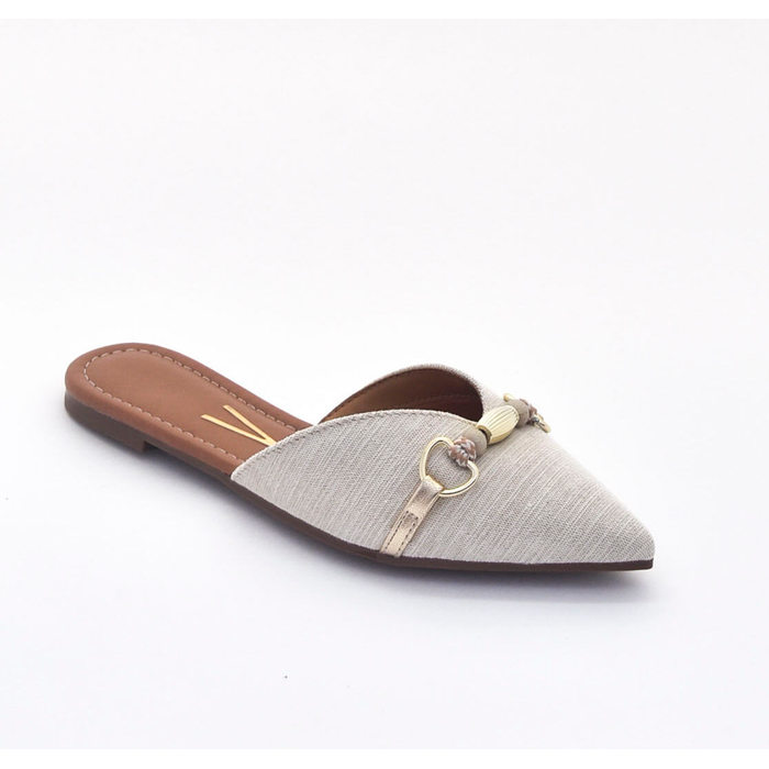 Sapato Mule Vizzado Linho Bico Fino Detalhe Metal Bege