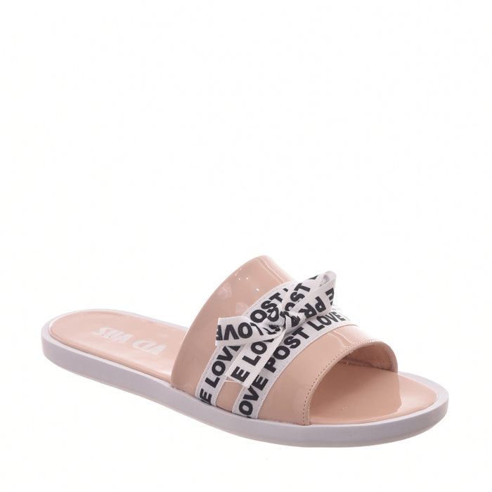 Chinelo Slide Sua Cia Detalhe Tiras com Escrita Verniz Rosa e Branco