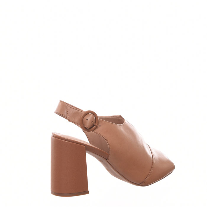 Sandália Giulia Domna Chanel Corte V Salto Grosso Couro Caramelo