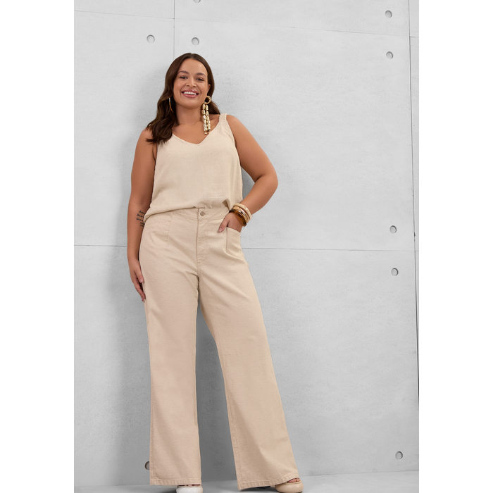Calça Lunender Wide Leg AVL Lisa Bolso Frontal Embutido Bege