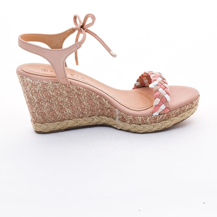 Sandália Anabela Ramarim Cabedal Tressê com Amarração Salto Rústico Corda Rosa
