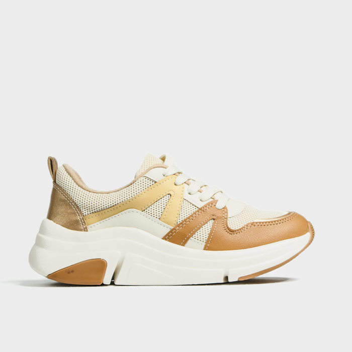 Tênis Jogger Modare Ultra Conforto Palmilha Massageadora Recortes Tela Solado Antiderrapante Bege