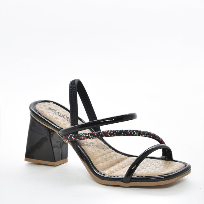 Sandália Mississipi Veniz Bico Quadrado Cabedal Tiras com Strass Coloridos Diagonal Posterior Elásti