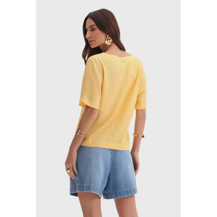 Blusa Flor de Lis Viscose Linho Decote V Manga Curta Lisa Amarelo