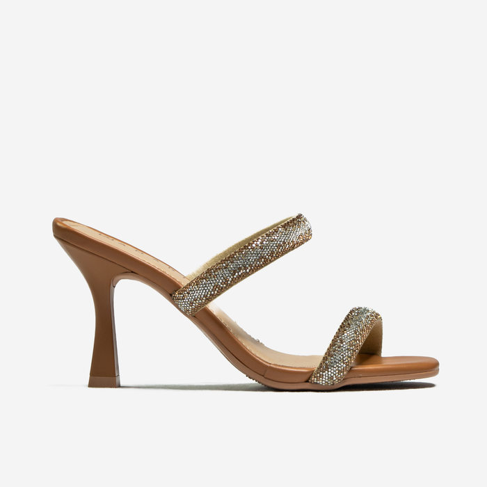 Tamanco Ramarim Bico Quadrado Tiras Strass Salto Baixo Fino Caramelo