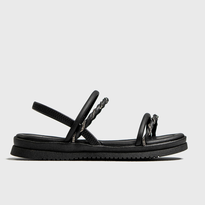 Sandália Papete Mississipi Cabedal Tiras Aplicação Strass Posterior Elástico Preto