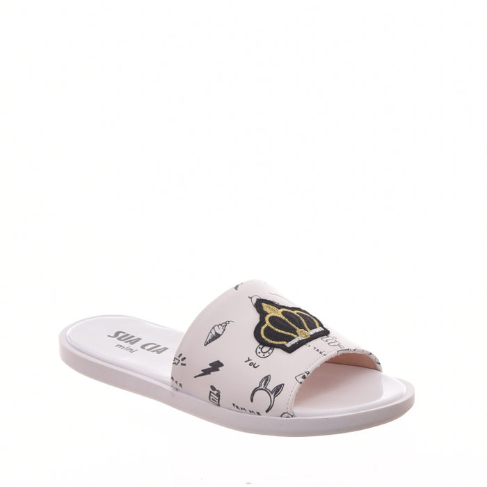 Chinelo Slide Sua Cia Mini Estampado com Aplicação Coroa Branco e Preto