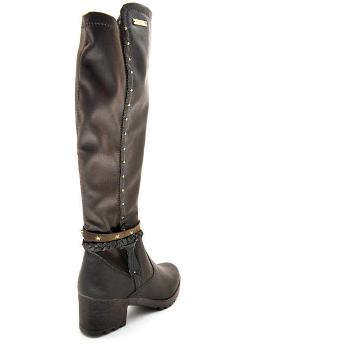 Bota Cano Longo Pink Cats Salto Grosso Detalhe Lycra Aplicação Tachas Marrom