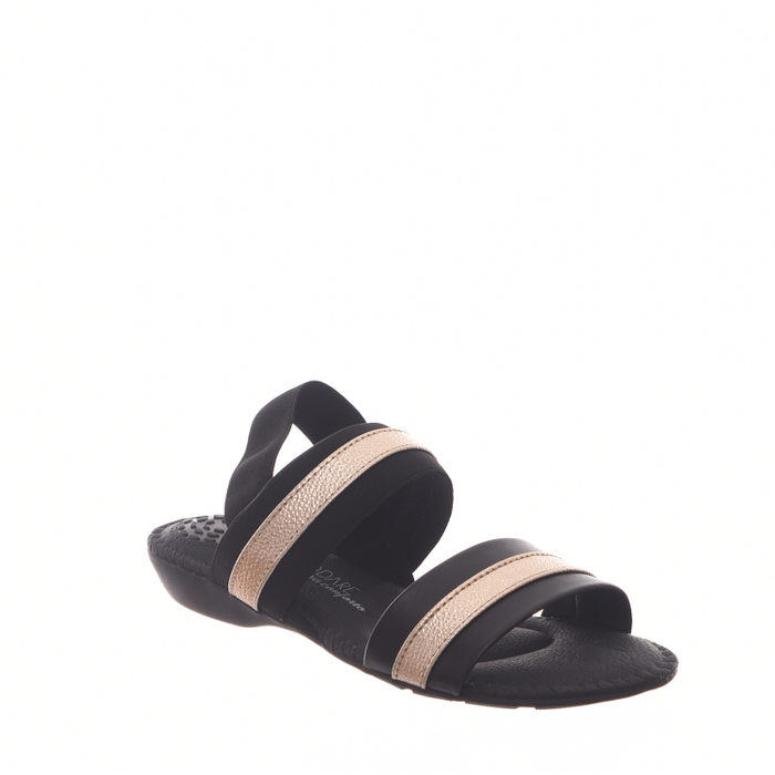 SANDÁLIA MODARE ULTRA CONFORTO COM AMORTECEDOR DETALHE ELÁSTICO PRETA E DOURADA