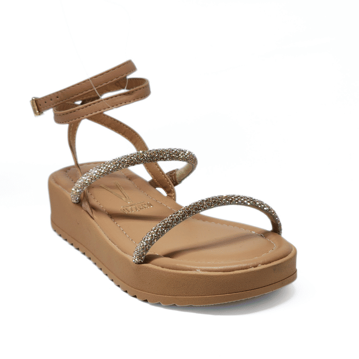 Sandália Papete Vizzano Cabedal Duas Tira Aplicação Strass Fechamento Amarração Solado Tratorado Nud
