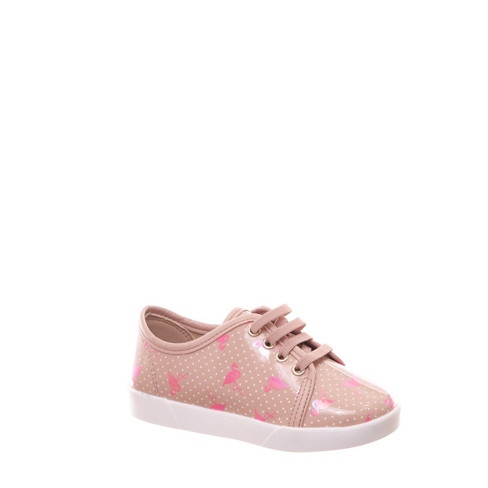 Tênis Molekinha Estampa Flamingo Poá Cadarço Elástico Verniz Rosê