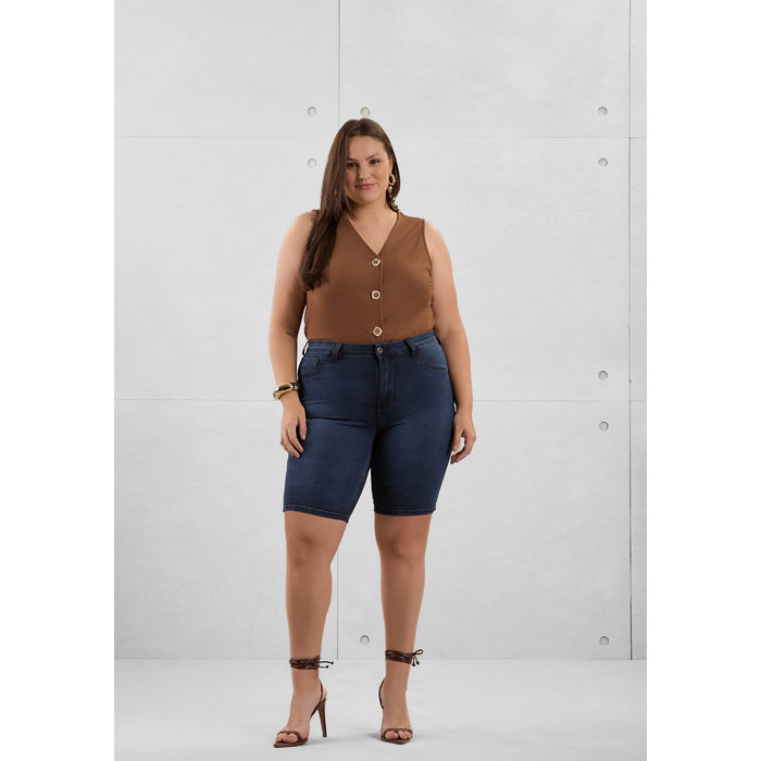 Short Jeans Lunender Ciclista Fit For Me Bolso Falso Azul Médio