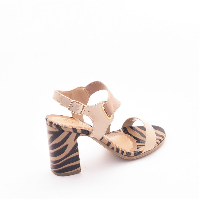 Sandália Ramarim Salto Grosso Estampa Animal Print Tira Trançada Bege e Preto