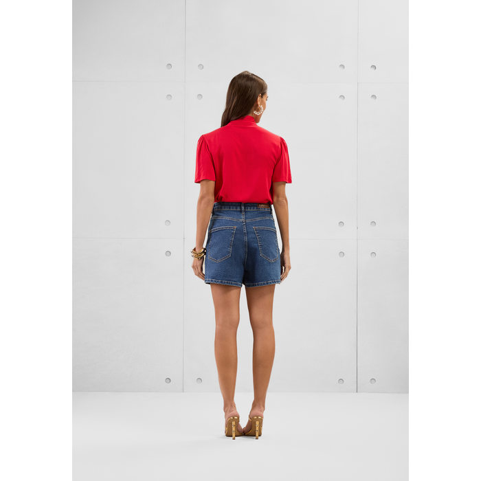 Short Jeans Lunender Mom Algodão Chapa Barriga com Bolso Azul Médio