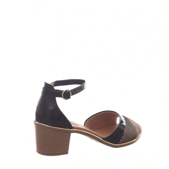 SANDÁLIA COMFORTFLEX SALTO GROSSO BICOLOR DETELHE VERNIZ E CETIM PRETO E BEGE