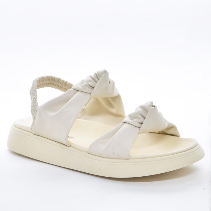 Sandália Papete Moleca Cabedal Corino Duas Tiras Largas com Nós Posterior Elástico Off White