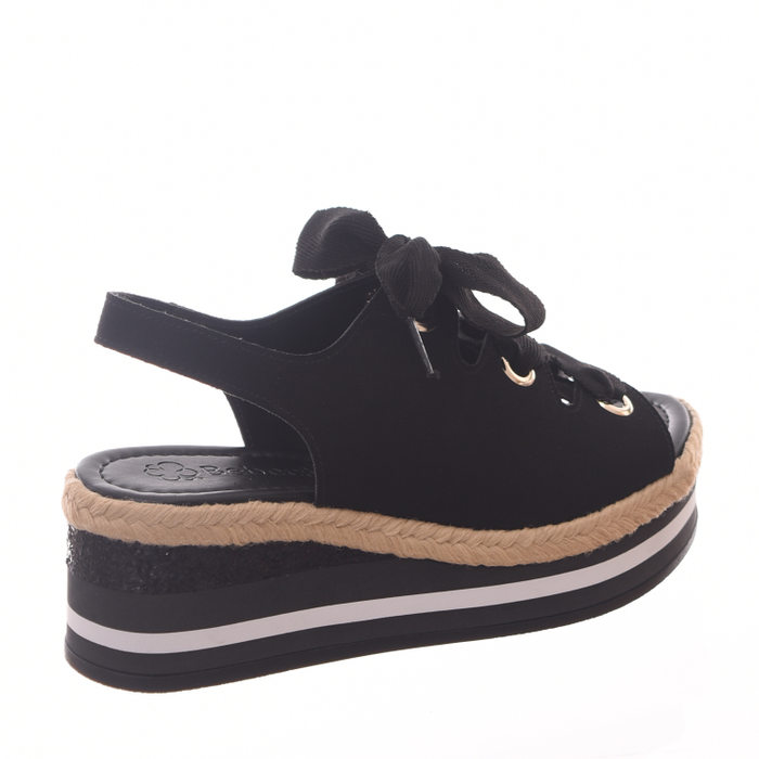 Sandália Bebecê Detalhe Corda e Glitter Salto Anabela com Amarração Camurça Preta