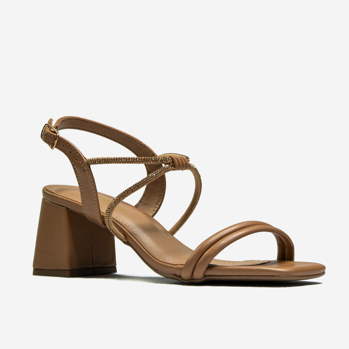 Sandália Via Marte Bico Quadrado com Tiras Strass Nó Salto Baixo Fechamento Fivela Bege