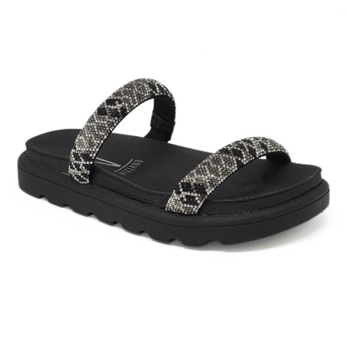 Rasteira Papete Vizzano Cabedal Tiras Strass Lateral Elástico Solado Tratorado Preto