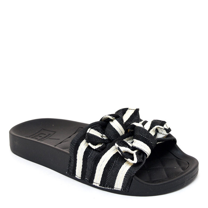 Chinelo Slide Moleca Listrado com Dois Laço Preto e Off White