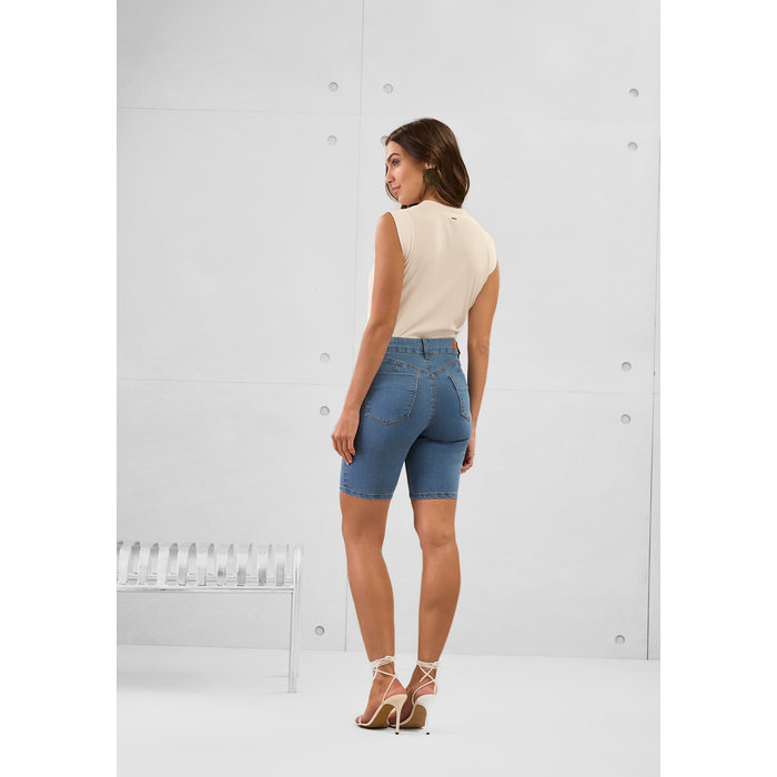 Short Meia Coxa Lunender Jeans APE com Bolso Falso Azul Médio