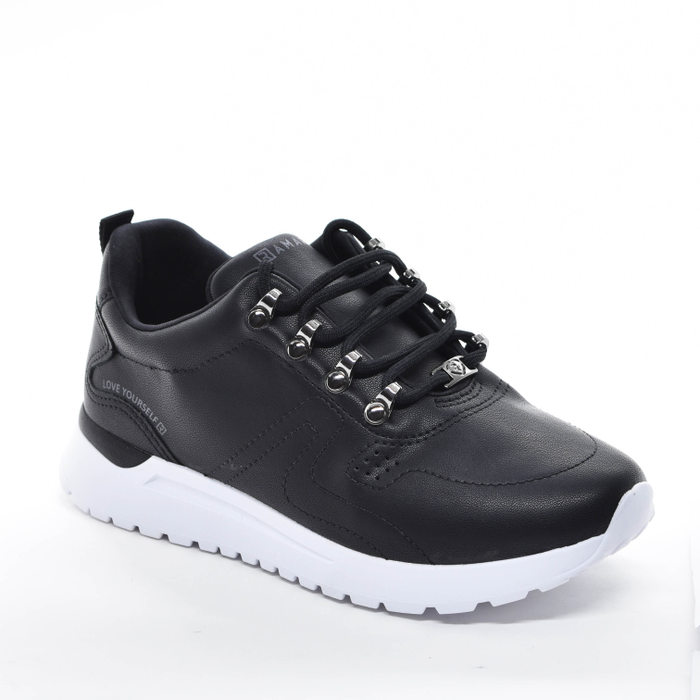 Tênis Jogger Ramarim Pesponto Detalhe Escrita Solado Tratorado Preto e Branco