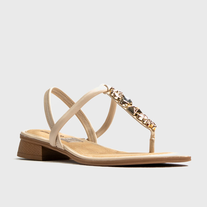 Sandália Mississipi Tira Aplicação Metal Posterior Elástico Salto Baixo Bege