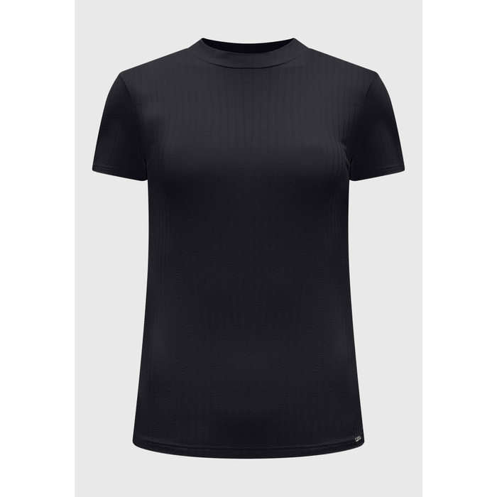 Blusa Lunender Malha Canelada Viscose Gola Alta Manga Curta Básica Preto