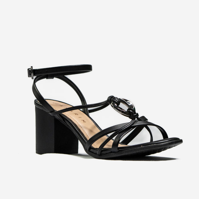 Sandália Ramarim Bico Quadrado Tiras Transpassada Aplicação Metal Salto Médio Grosso Preto