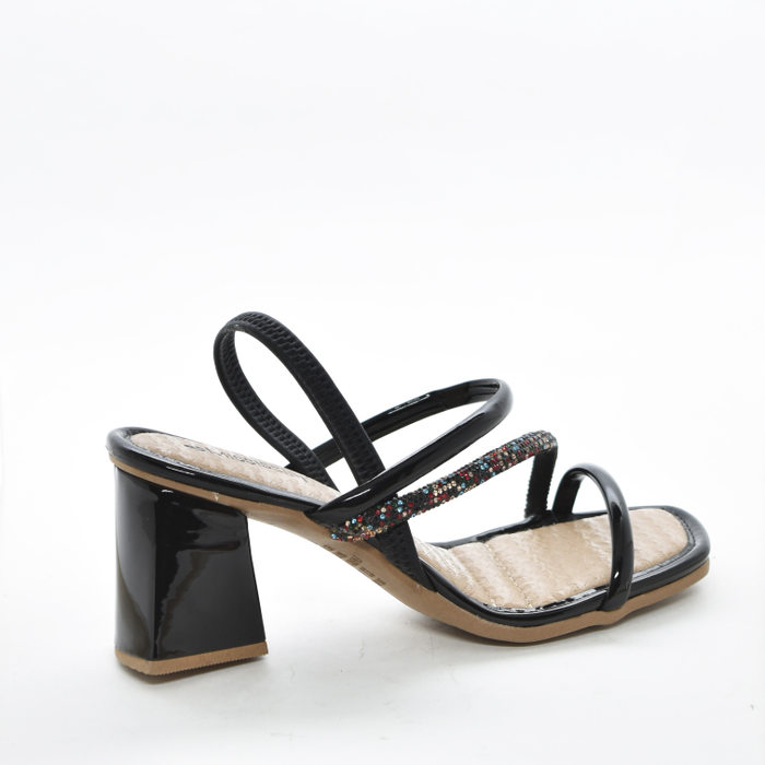 Sandália Mississipi Veniz Bico Quadrado Cabedal Tiras com Strass Coloridos Diagonal Posterior Elásti