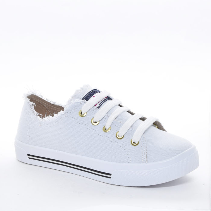 Tênis Moleca Lona Liso Detalhe Desfiado Aplicação Logo Solado Listras Branco