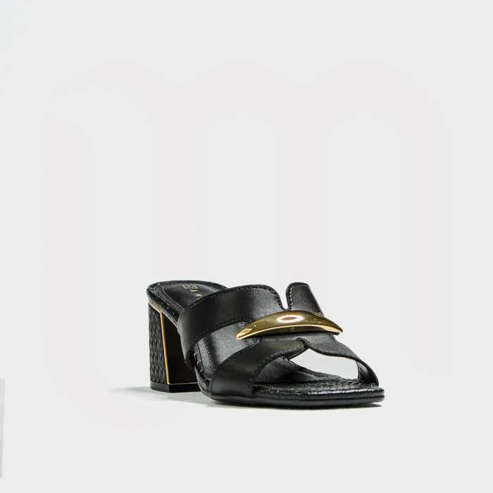 Tamanco Ramarim Cabedal Tira Geométrico Salto Baixo Texturizado  Detalhe Metal Preto