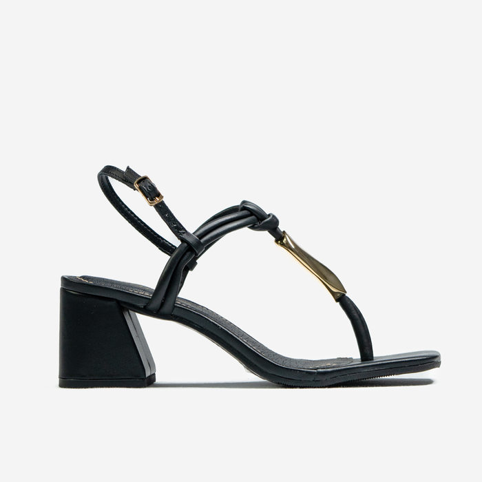 Sandália Bottero Couro Bico Quadrado Tira Detalhe Metal Salto Baixo Grosso Preto