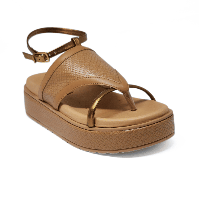 Sandália Ramarim Mini croco Tiras Metalizada Fechamento Fivela Caramelo