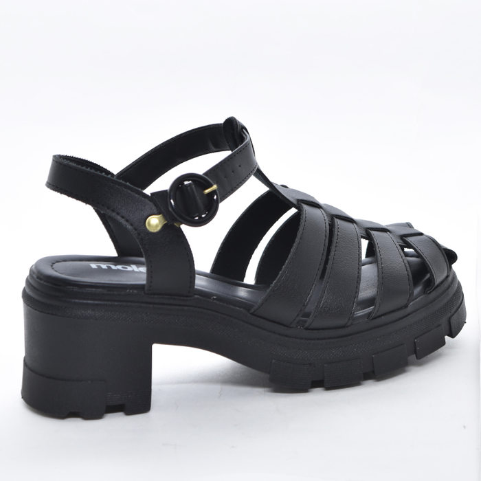 Sandália Moleca Cabedal Aranha Fechamento Fivela Salto Grosso Solado Tratorado Preto