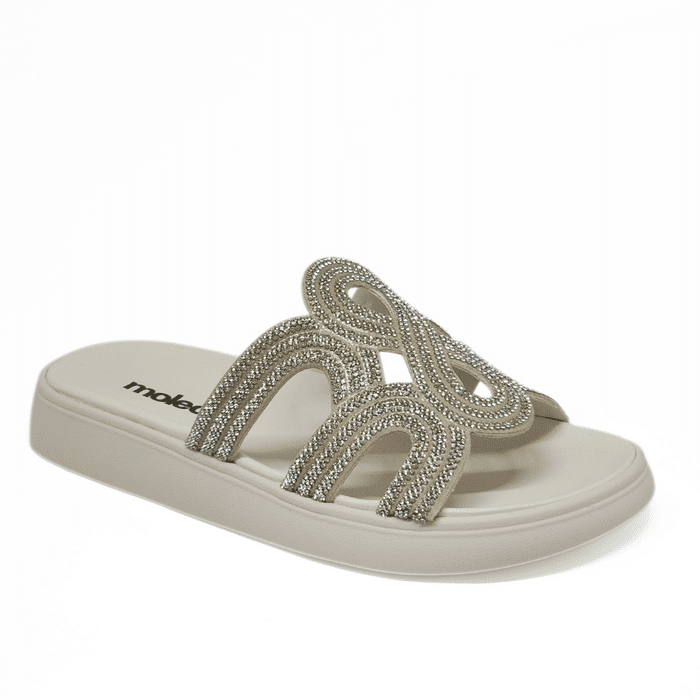 Rasteira Papete Moleca Cabedal Abstrato Vazado Aplicação Strass Branco