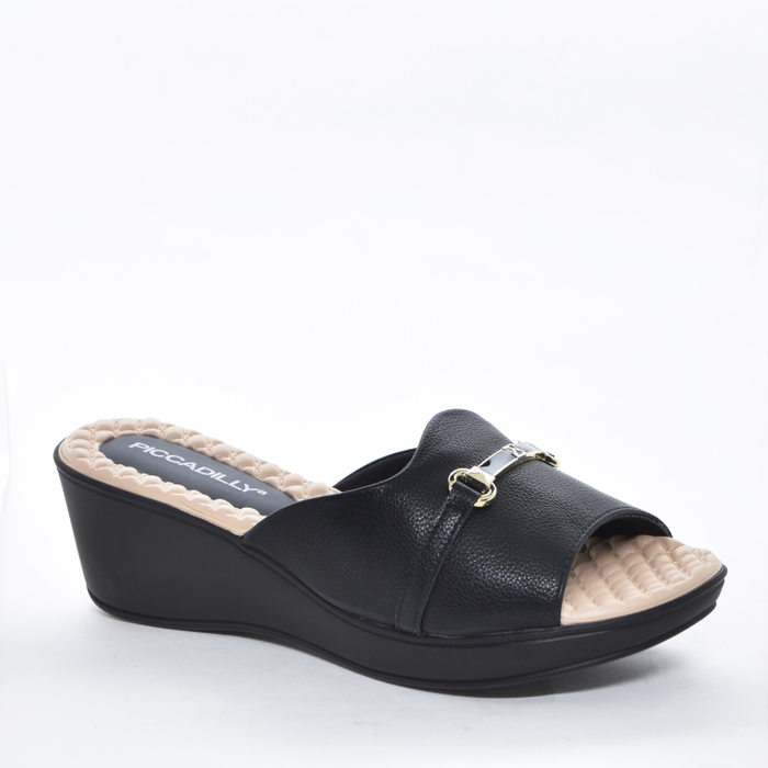 Tamanco Piccadilly Tecnologia Wide Fit Cabedal Detalhe Metal Salto Baixo Preto