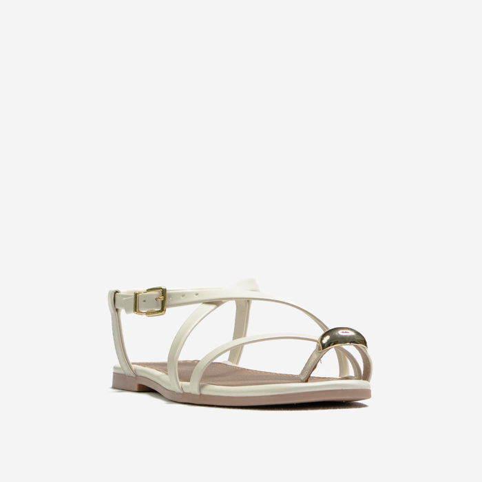Sandália Rasteira Ramarim Bico Quadrado Tiras Transpassada Dedo Detalhe Metal Off White
