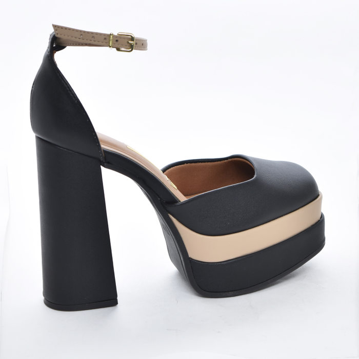  Sapato Meia Pata Vizzano Bicolor Bico Quadrado Salto Alto Grosso Calcanhar Fechado Preto e Bege