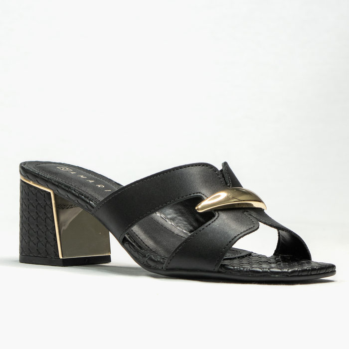 Tamanco Ramarim Cabedal Tira Geométrico Salto Baixo Texturizado  Detalhe Metal Preto