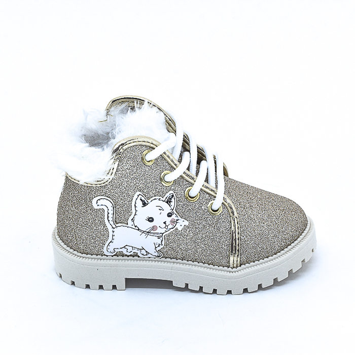 Bota Coturno Molekinha Detalhe Pelo Aplicação Gato Gliter Dourado e Branco