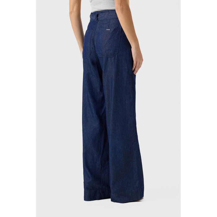 Calça Flor de Lis Wide Leg Algodão Liocel Clochard Bolso Faca Acompanha Cinto Azul Escuro