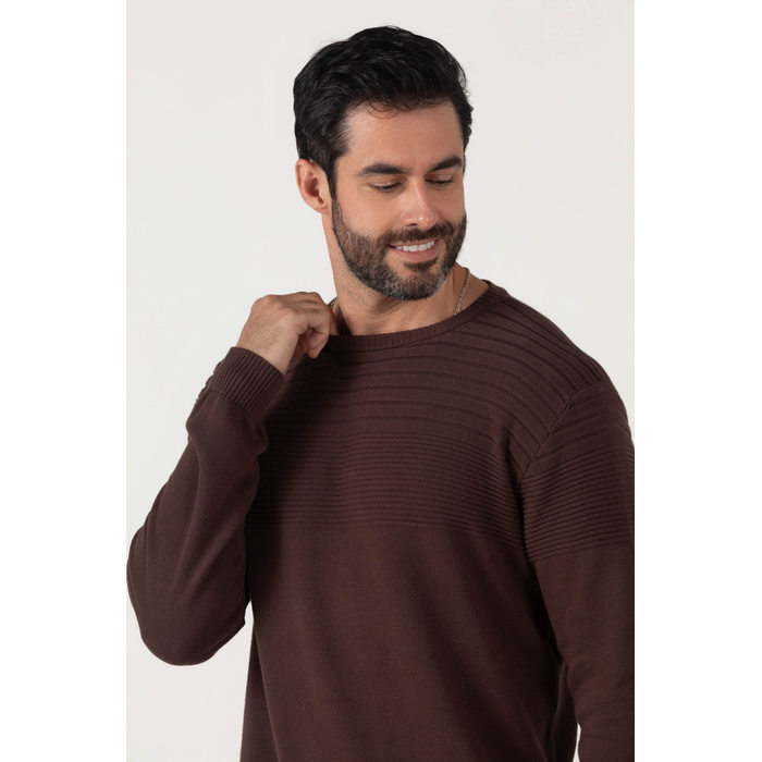 Blusa Suéter Dlz Tricô Algodão Manga Longa Liso Recortes Linhas Aplicação Logo Marrom