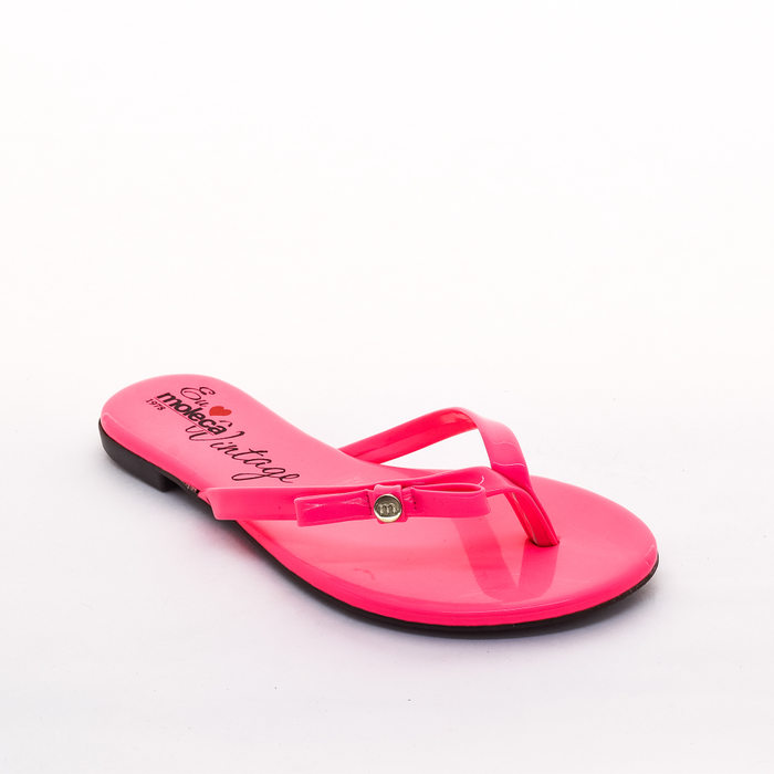 Rasteira Moleca Verniz com Laço Rosa Neon