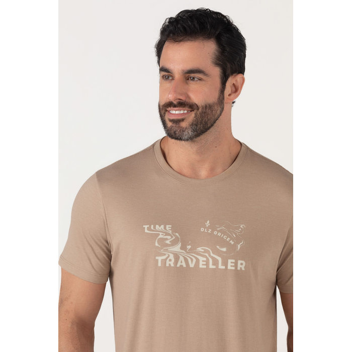 Camiseta Dlz Algodão Poliéster Manga Curta Estampa Escrita Bege